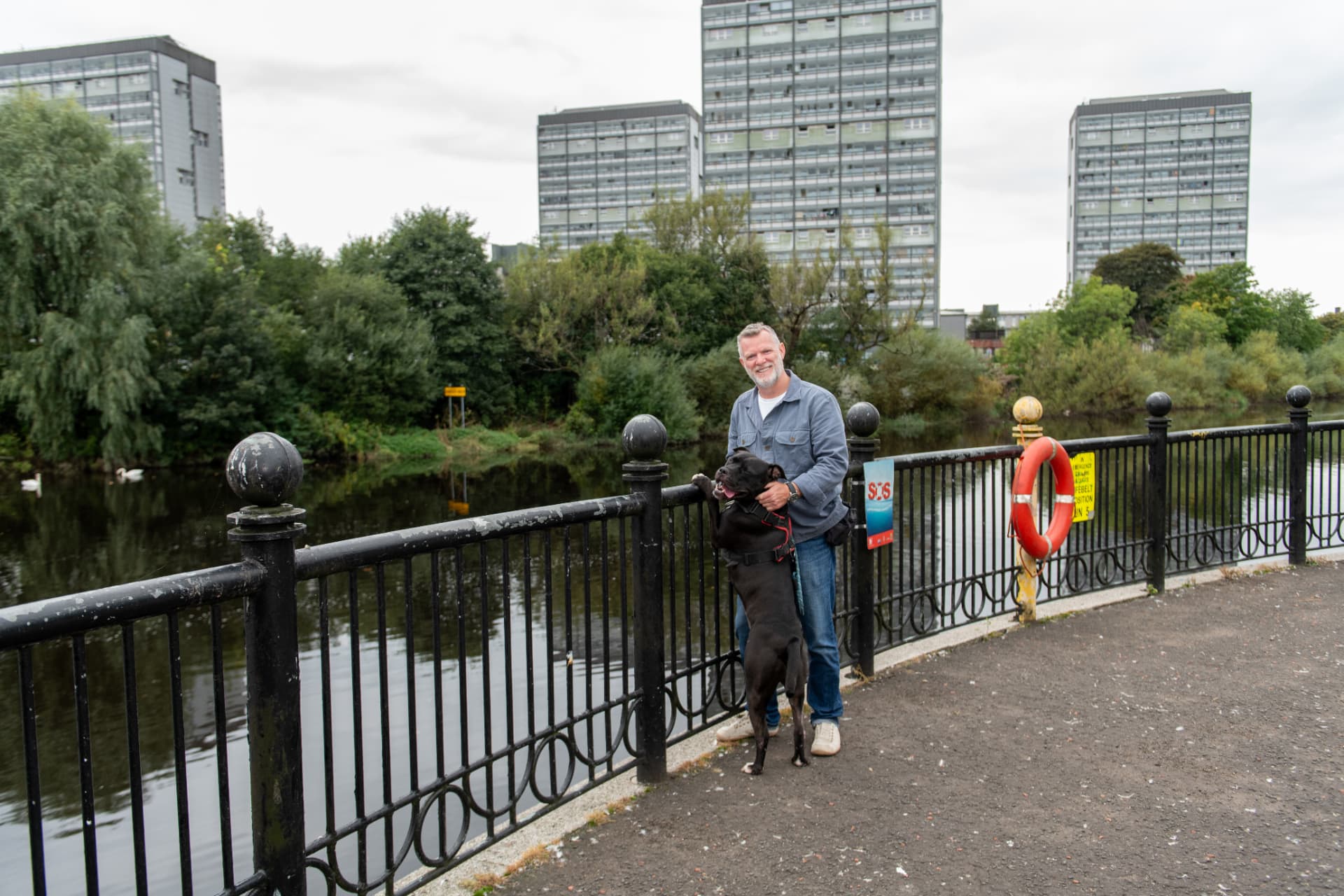 Dog behaviour work beside the river with Glasgow apartment blocks in the background