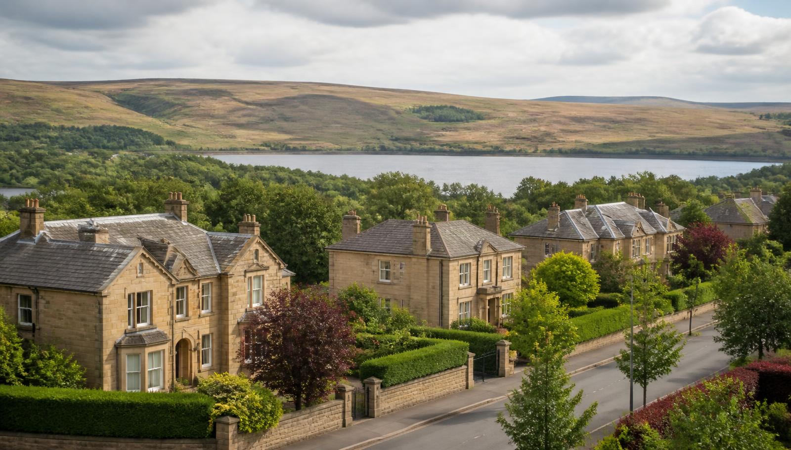 East Renfrewshire suburban villas bordering moorland and a reservoir