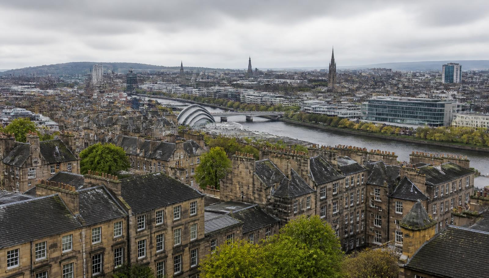 Glasgow city skyline with sandstone tenements and the River Clyde