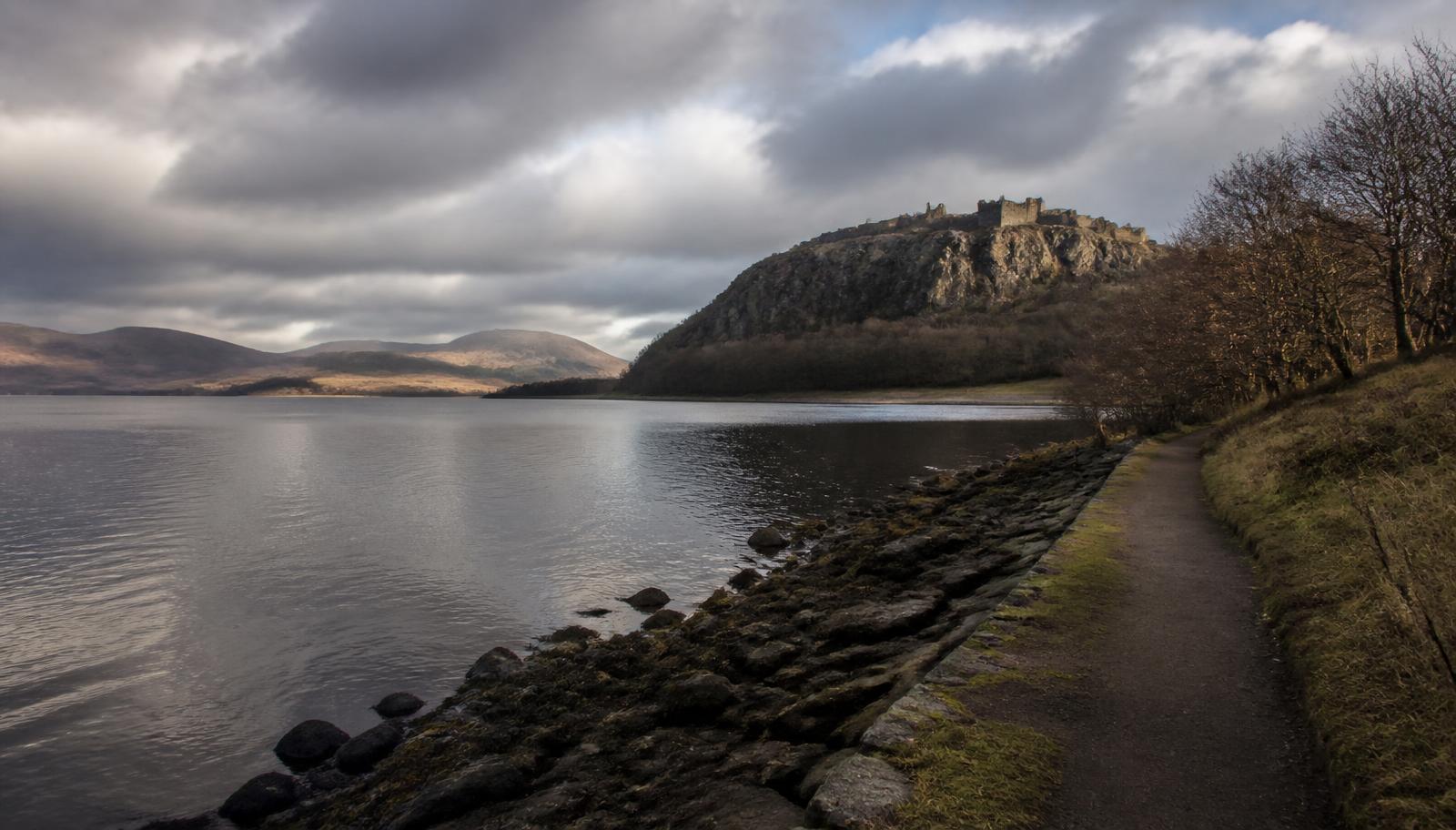 West Dunbartonshire riverside path with Dumbarton Rock and the Clyde estuary