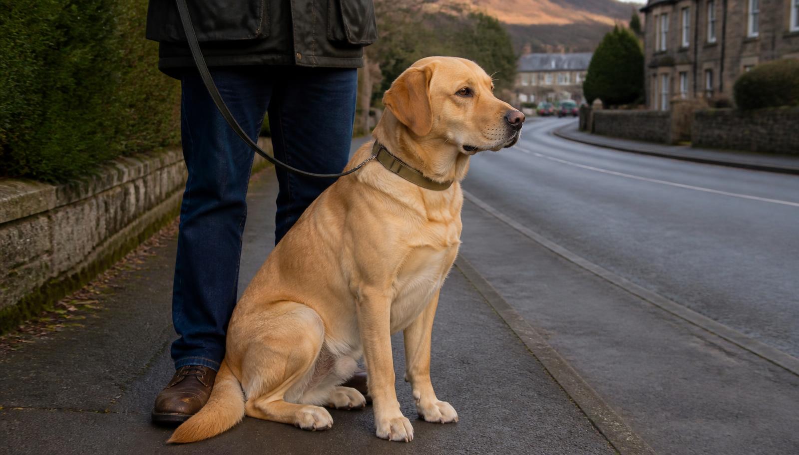 Calm dog on a flat collar sitting beside its owner on a Scottish street during an expert witness behaviour assessment