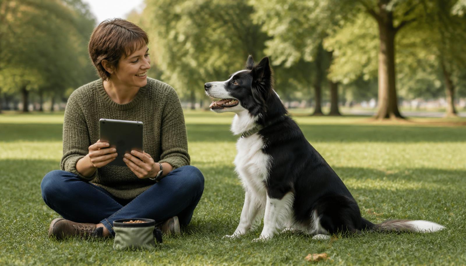 Owner sitting on the grass with a tablet and a border collie while following an online dog training course