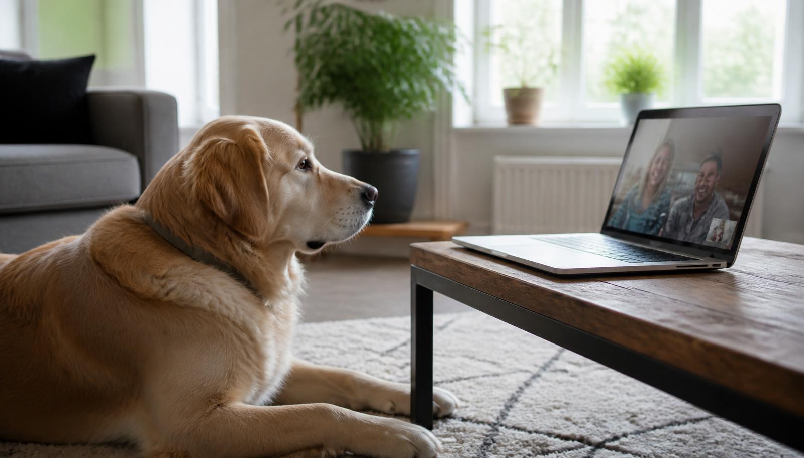 Relaxed dog resting beside a laptop during a remote one to one dog training video consultation