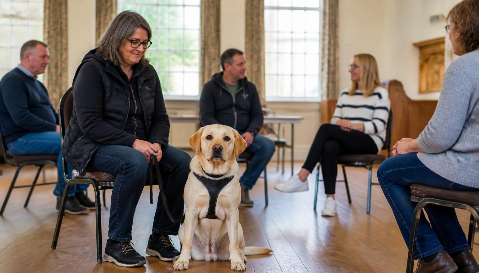 Owners seated in a hall with a calm labrador in a harness during a dog training seminar